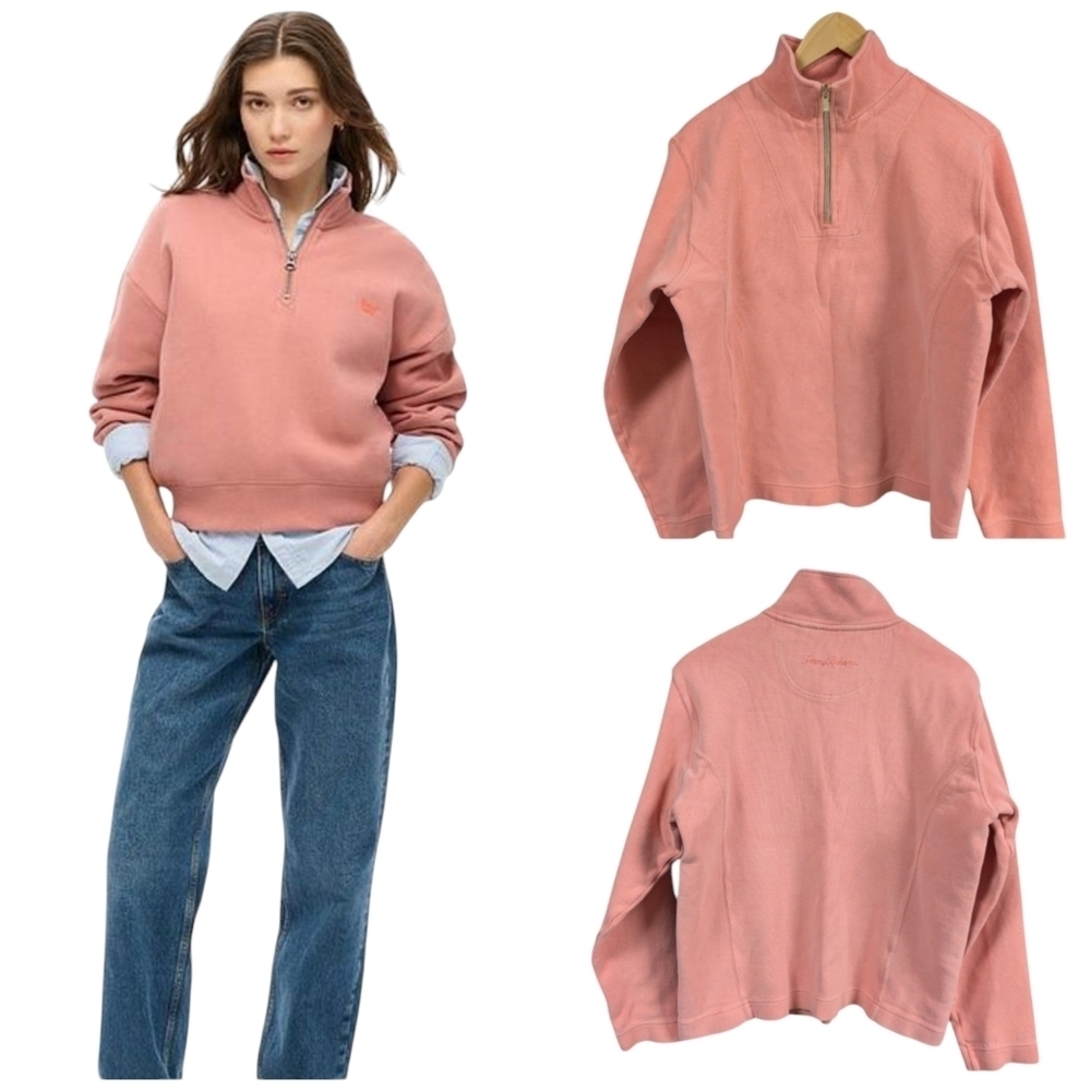 TOMMY BAHAMA Sweatshirt Half Zip Aruba Cotton Passion Pink Peach Medium